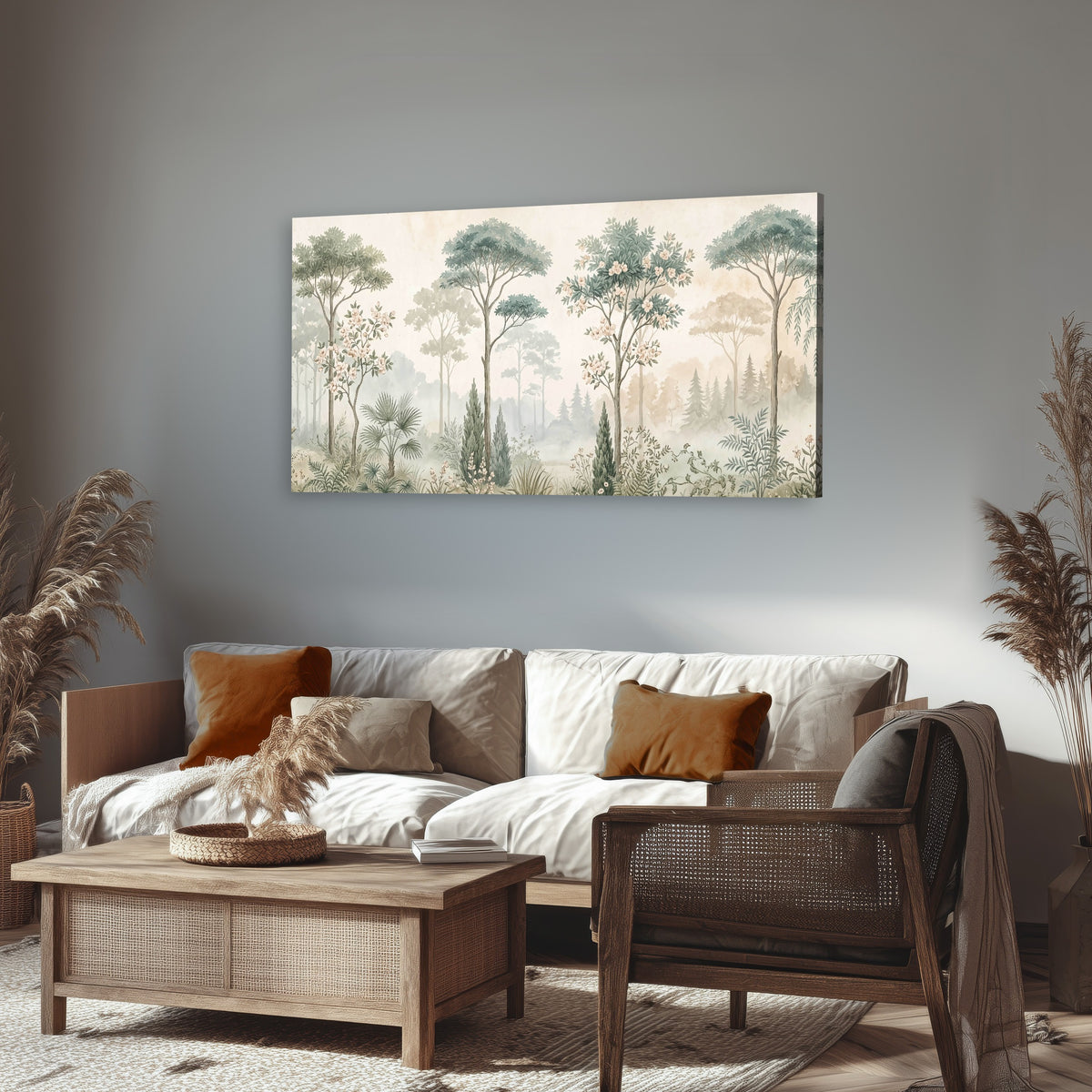 Vintage chinoiserie forest painting canvas wall art in a rustic living room