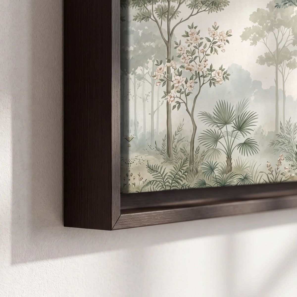 Vintage chinoiserie forest painting framed canvas close-up showing the floating frame