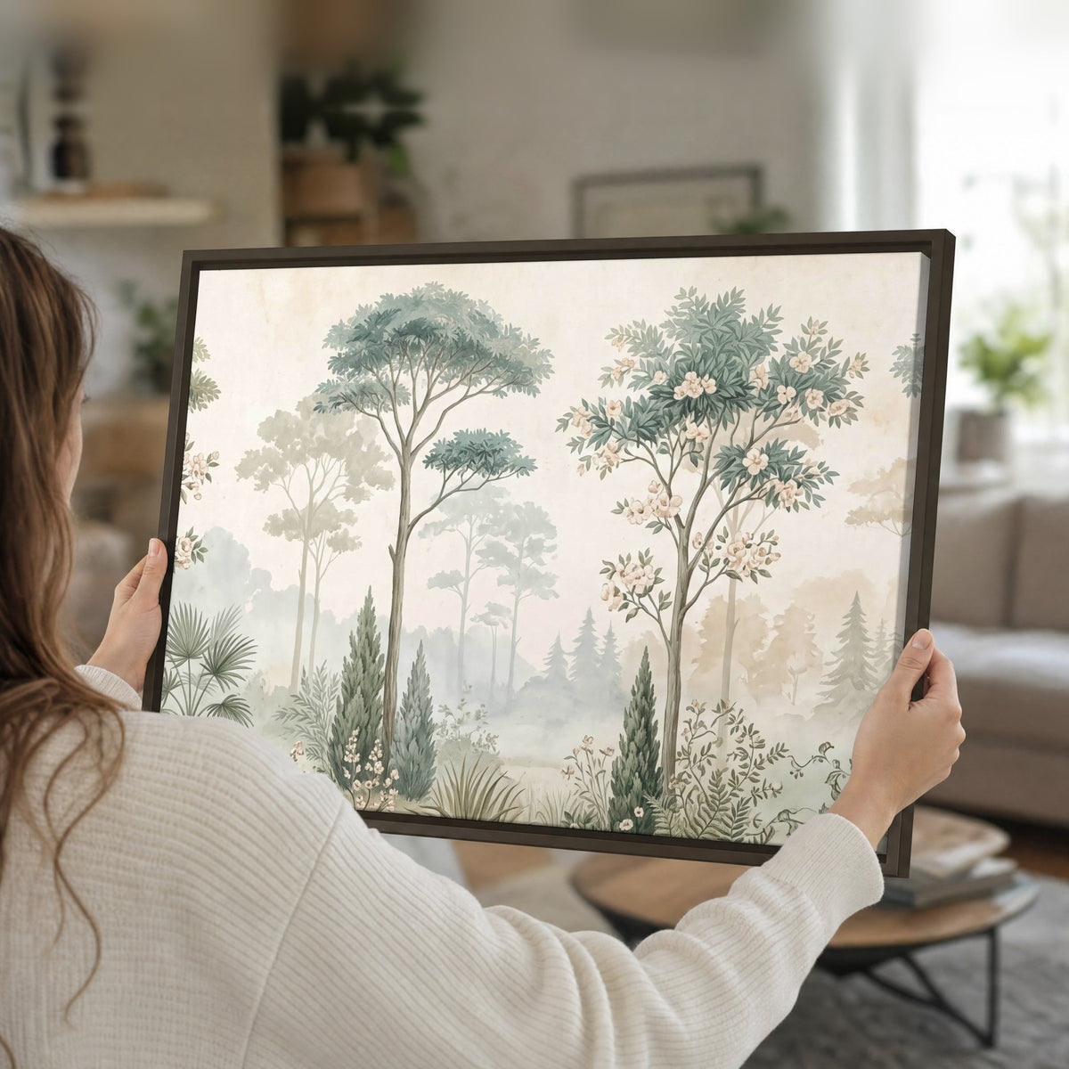 Vintage chinoiserie forest painting framed canvas held in hands