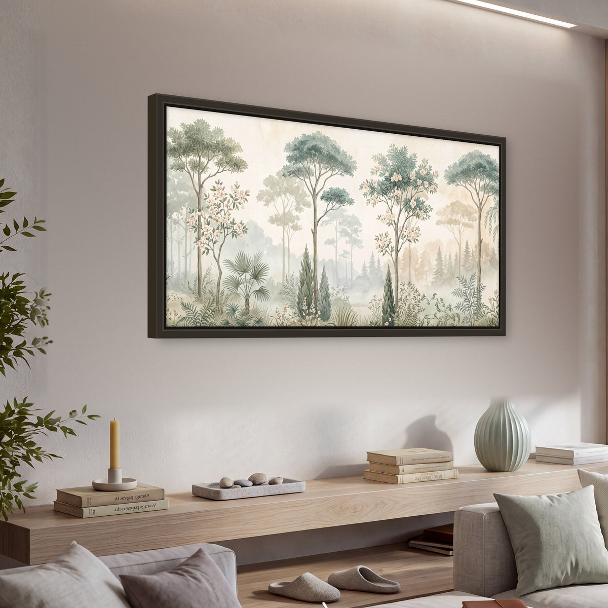 Vintage chinoiserie forest painting framed canvas wall art in a living room above a console