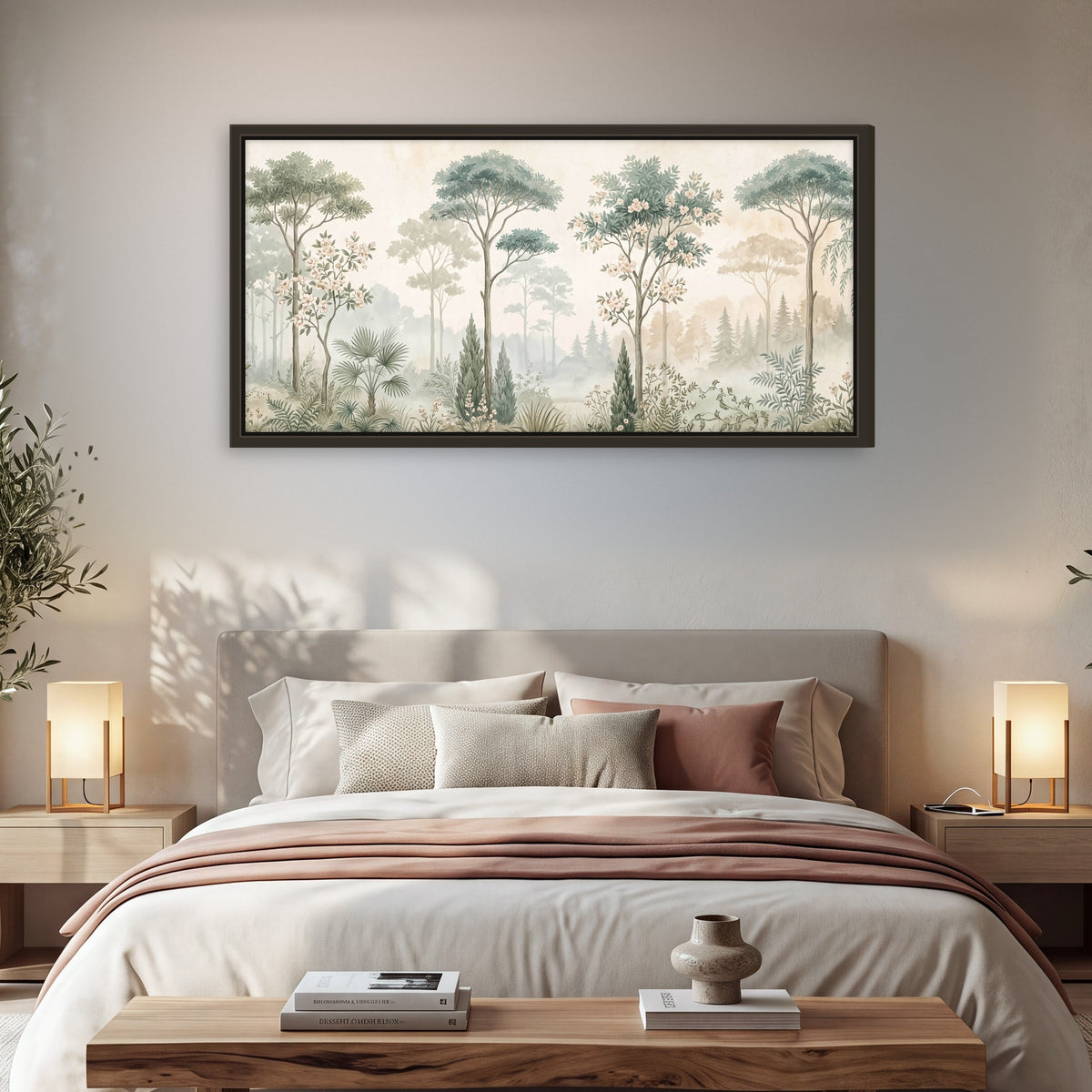 Vintage chinoiserie forest painting framed canvas wall art in a bedroom above the bed