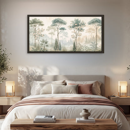 Vintage chinoiserie forest painting framed canvas wall art in a bedroom above the bed