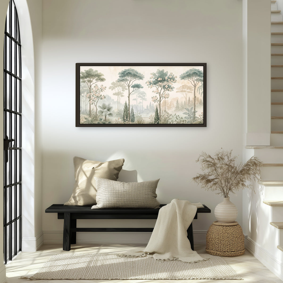 Vintage chinoiserie forest painting framed canvas wall art in an entryway above a bench