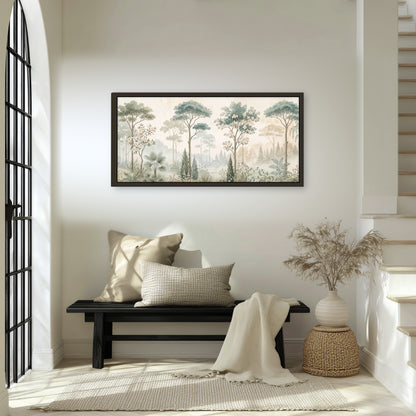 Vintage chinoiserie forest painting framed canvas wall art in an entryway above a bench