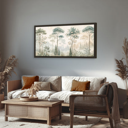 Vintage chinoiserie forest painting framed canvas wall art in a rustic living room