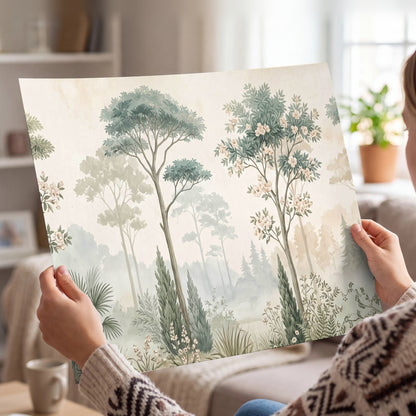 Vintage chinoiserie forest painting poster print held in hands