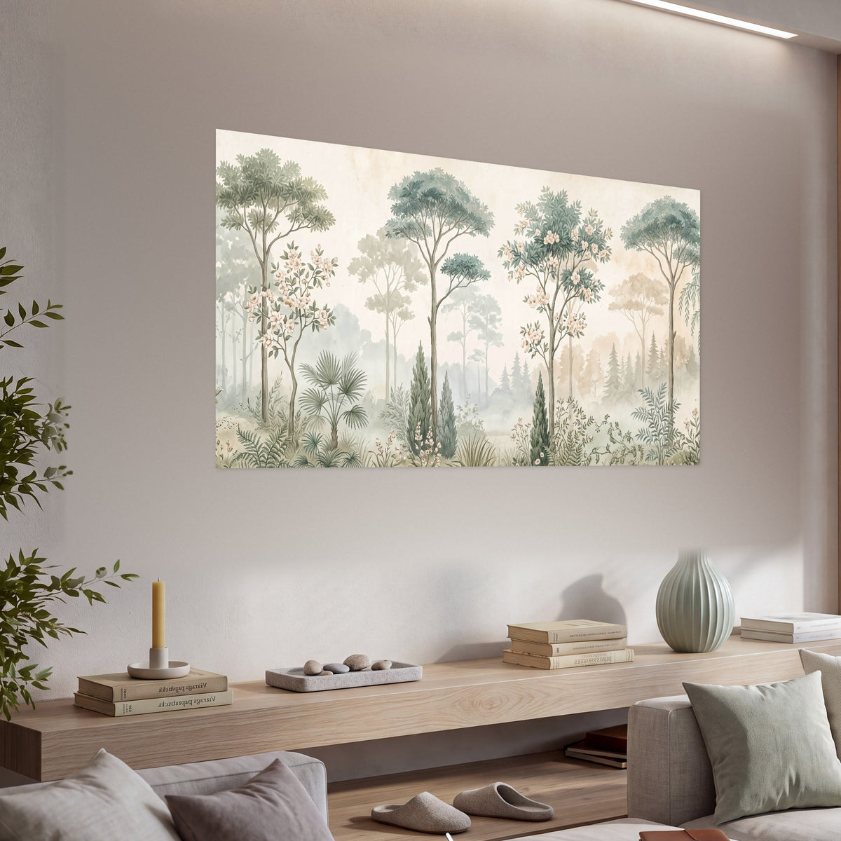 Vintage chinoiserie forest painting poster print in a living room above a console