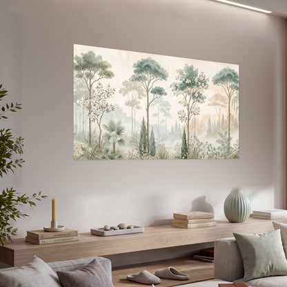 Vintage chinoiserie forest painting poster print in a living room above a console