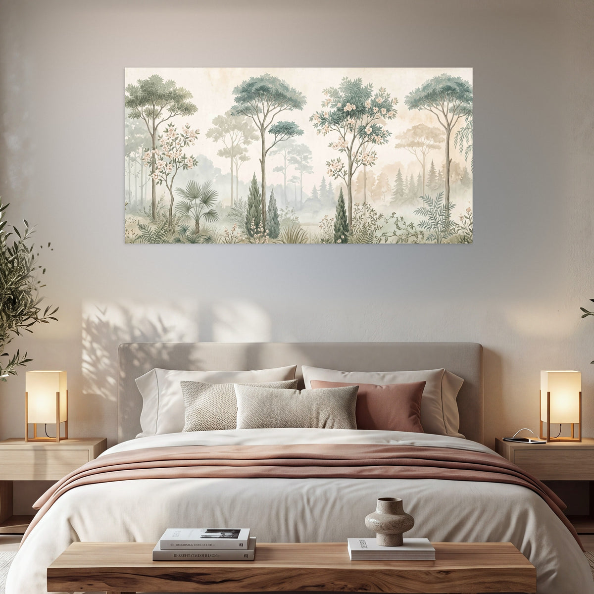 Vintage chinoiserie forest painting poster print in a bedroom above the bed