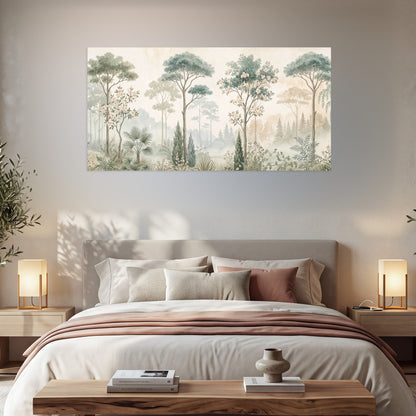 Vintage chinoiserie forest painting poster print in a bedroom above the bed