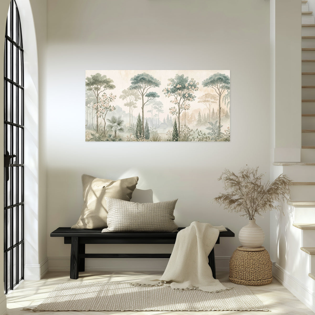 Vintage chinoiserie forest painting poster print in an entryway above a bench