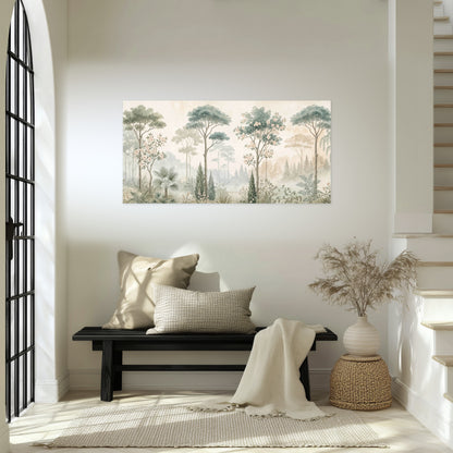 Vintage chinoiserie forest painting poster print in an entryway above a bench