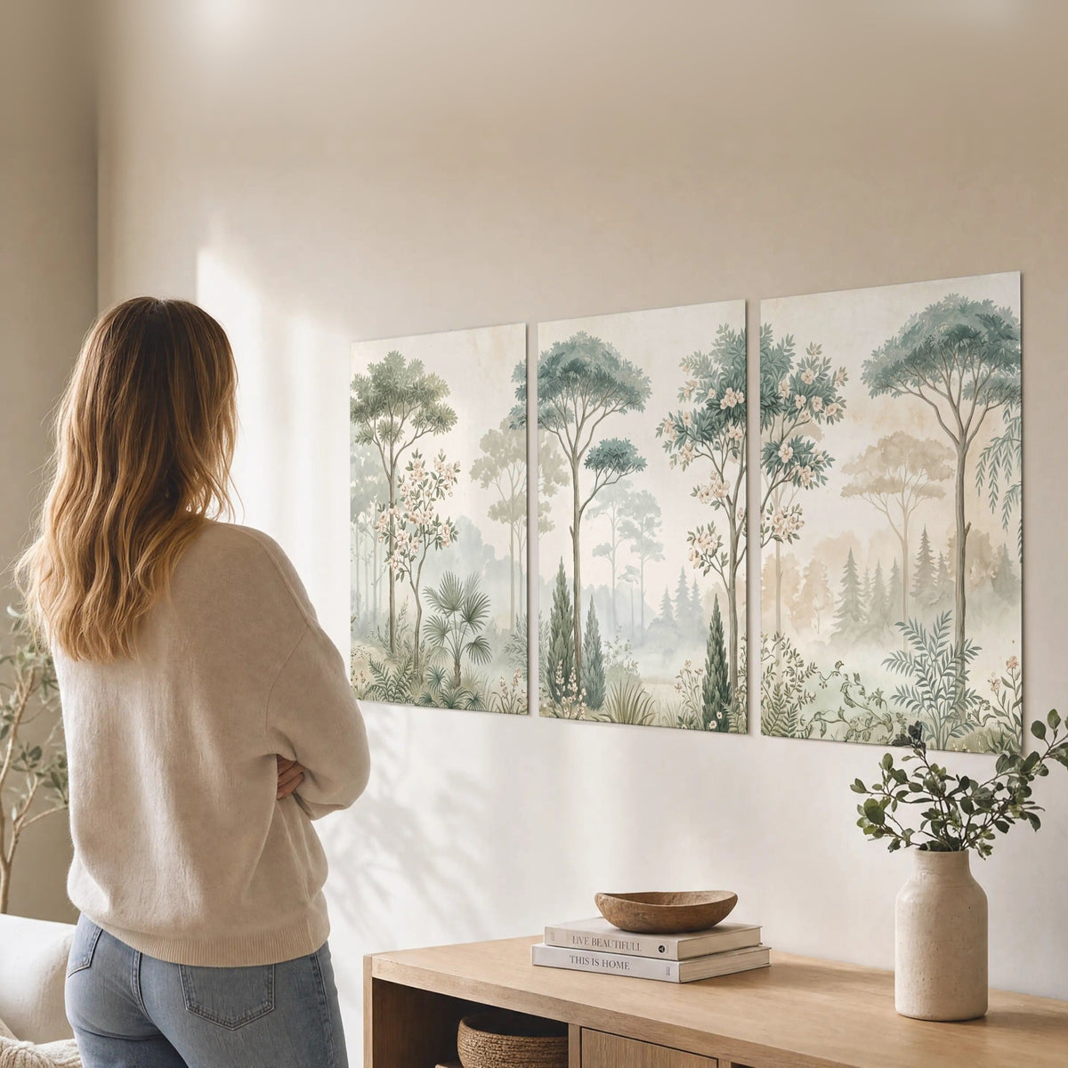 Vintage chinoiserie forest painting set of 3 poster prints in a living room