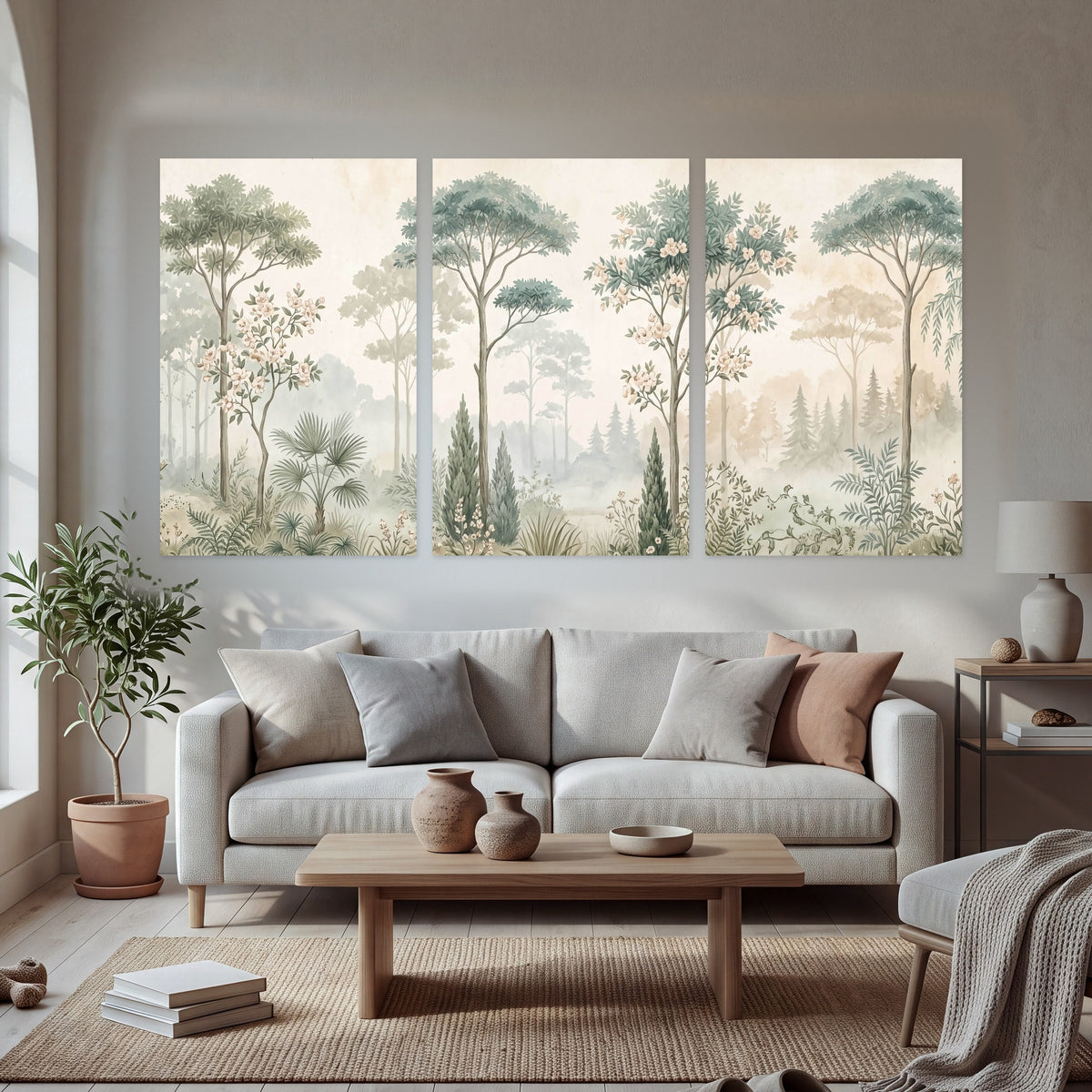 Vintage chinoiserie forest painting set of 3 poster prints in a bright living room