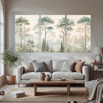 Vintage chinoiserie forest painting set of 3 poster prints in a bright living room