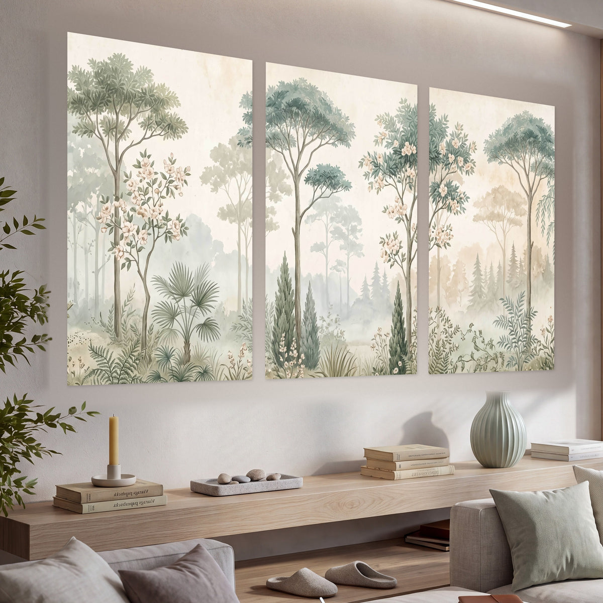 Vintage chinoiserie forest painting set of 3 poster prints in a living room above a console