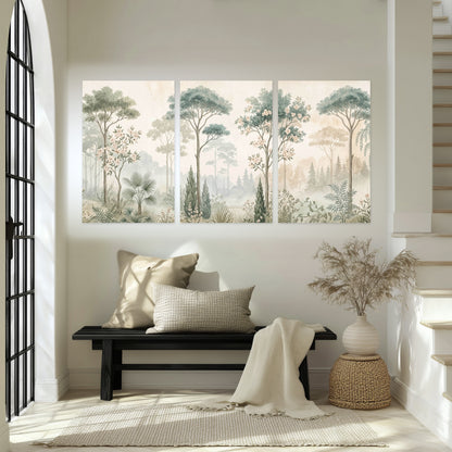 Vintage chinoiserie forest painting set of 3 poster prints in an entryway above a bench