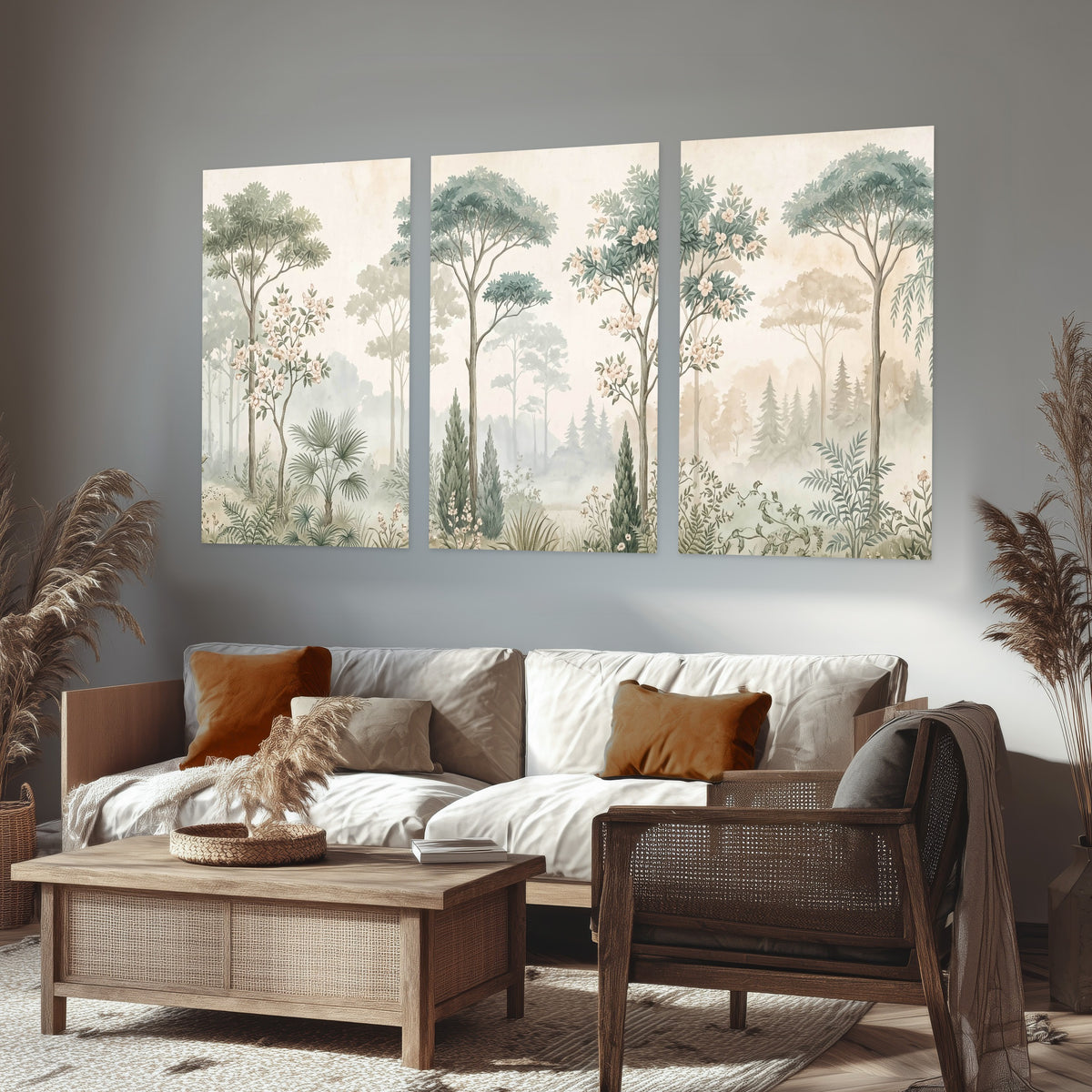 Vintage chinoiserie forest painting set of 3 poster prints in a rustic living room