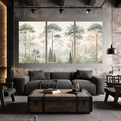 Vintage chinoiserie forest painting set of 3 poster prints in an industrial loft