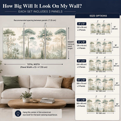 Vintage chinoiserie forest painting set of 3 poster prints size guide above a sofa