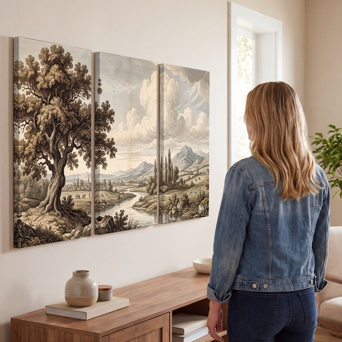 Vintage countryside engraving 3 piece canvas wall art in a living room