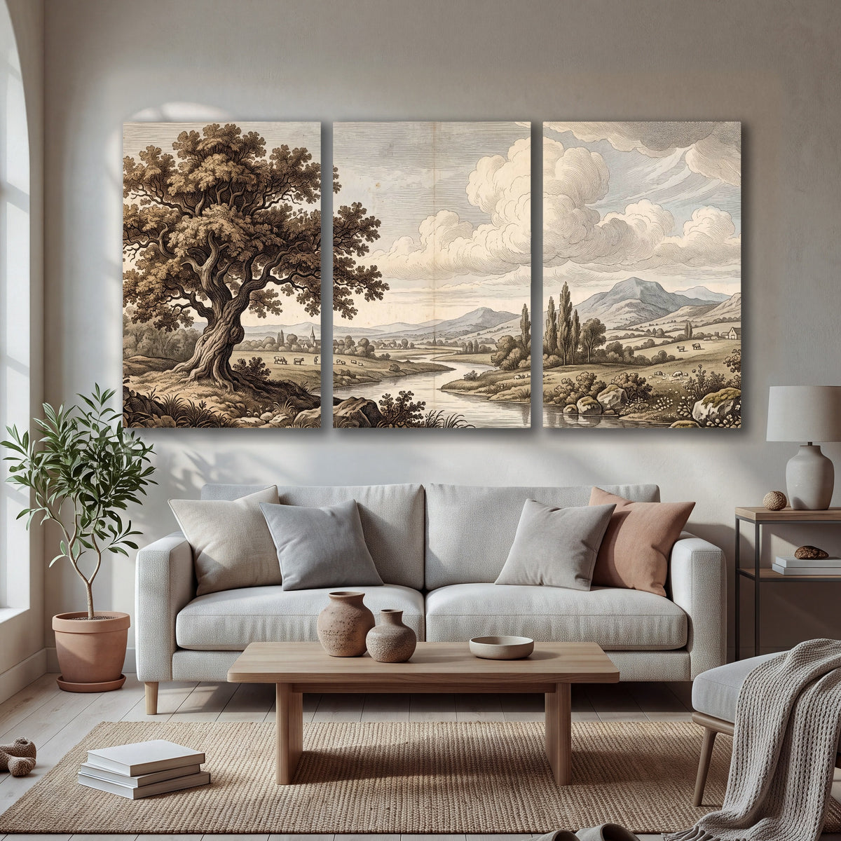 Vintage countryside engraving 3 piece canvas wall art in a bright living room