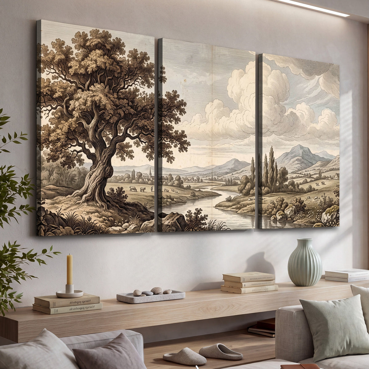 Vintage countryside engraving 3 piece canvas wall art in a living room above a console