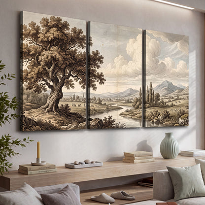 Vintage countryside engraving 3 piece canvas wall art in a living room above a console