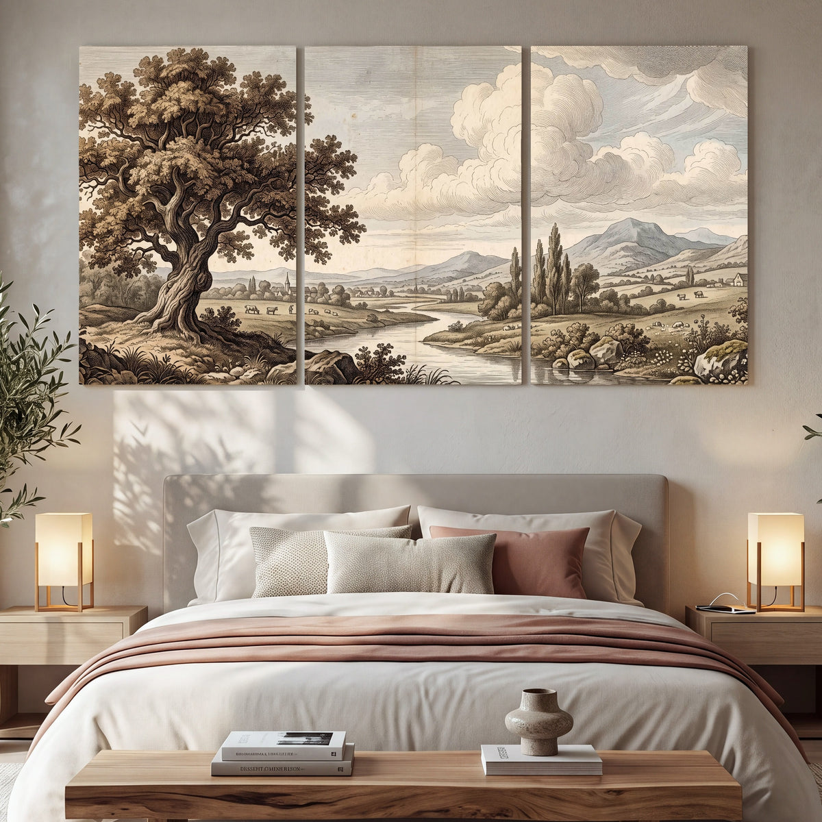 Vintage countryside engraving 3 piece canvas wall art in a bedroom above the bed