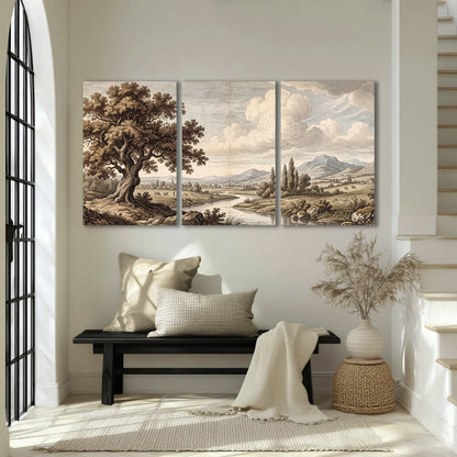 Vintage countryside engraving 3 piece canvas wall art in an entryway above a bench