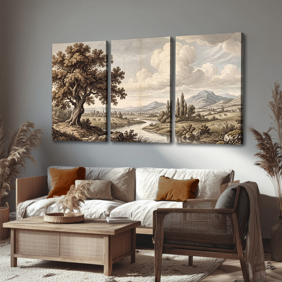 Vintage countryside engraving 3 piece canvas wall art in a rustic living room