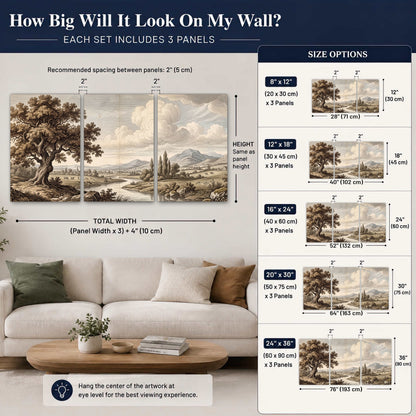 Vintage countryside engraving 3 piece canvas wall art size guide above a sofa