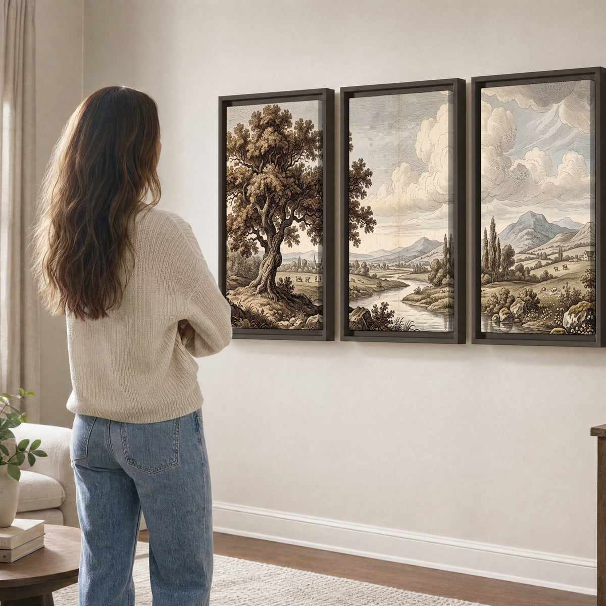 Vintage countryside engraving 3 piece framed canvas in a living room