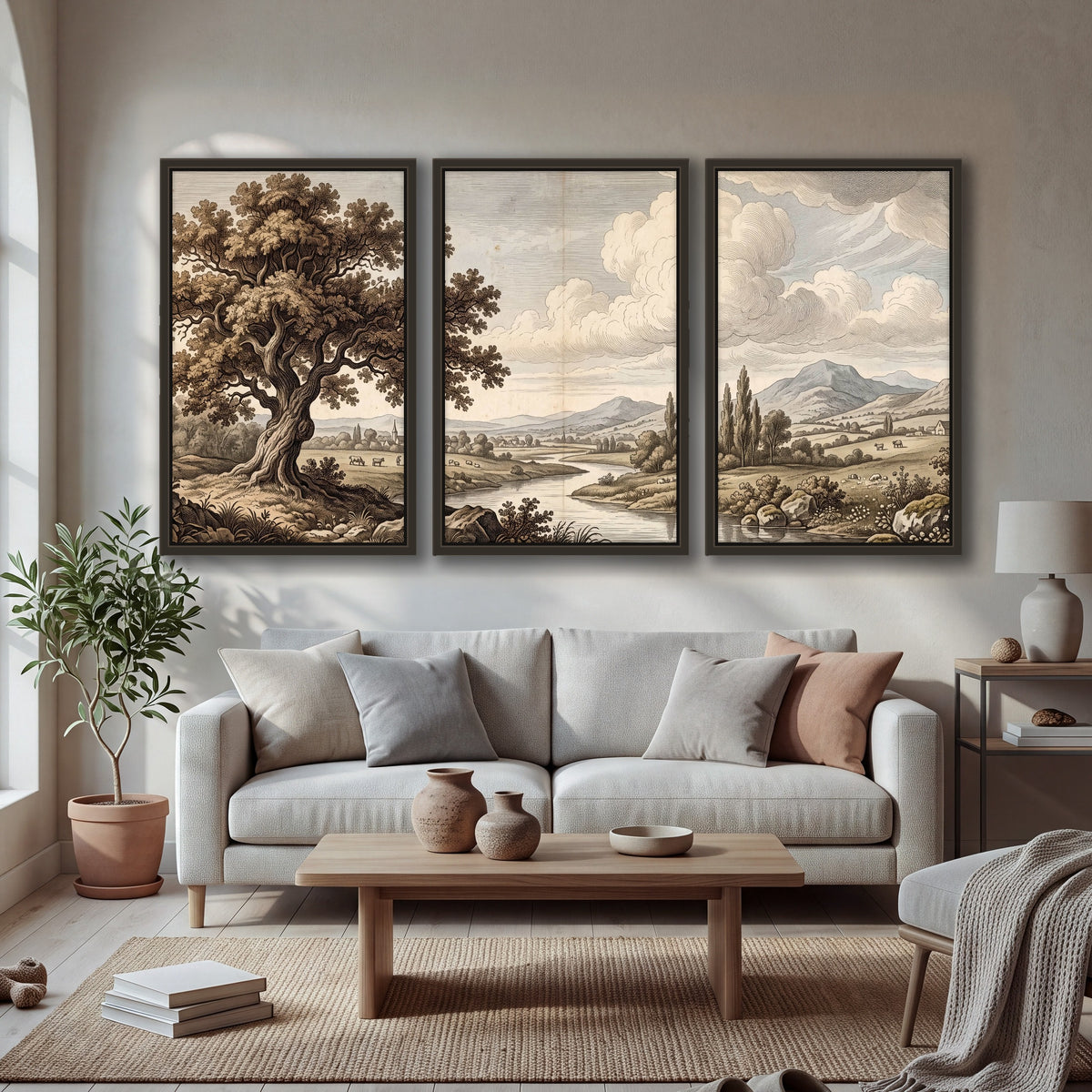 Vintage countryside engraving 3 piece framed canvas in a bright living room