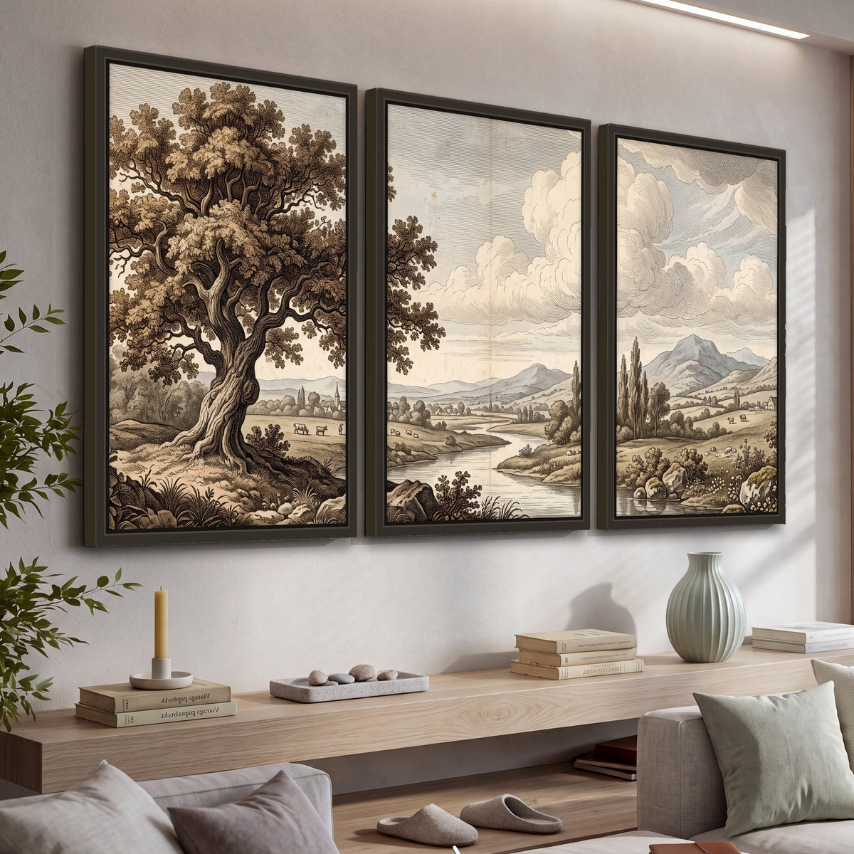 Vintage countryside engraving 3 piece framed canvas in a living room above a console