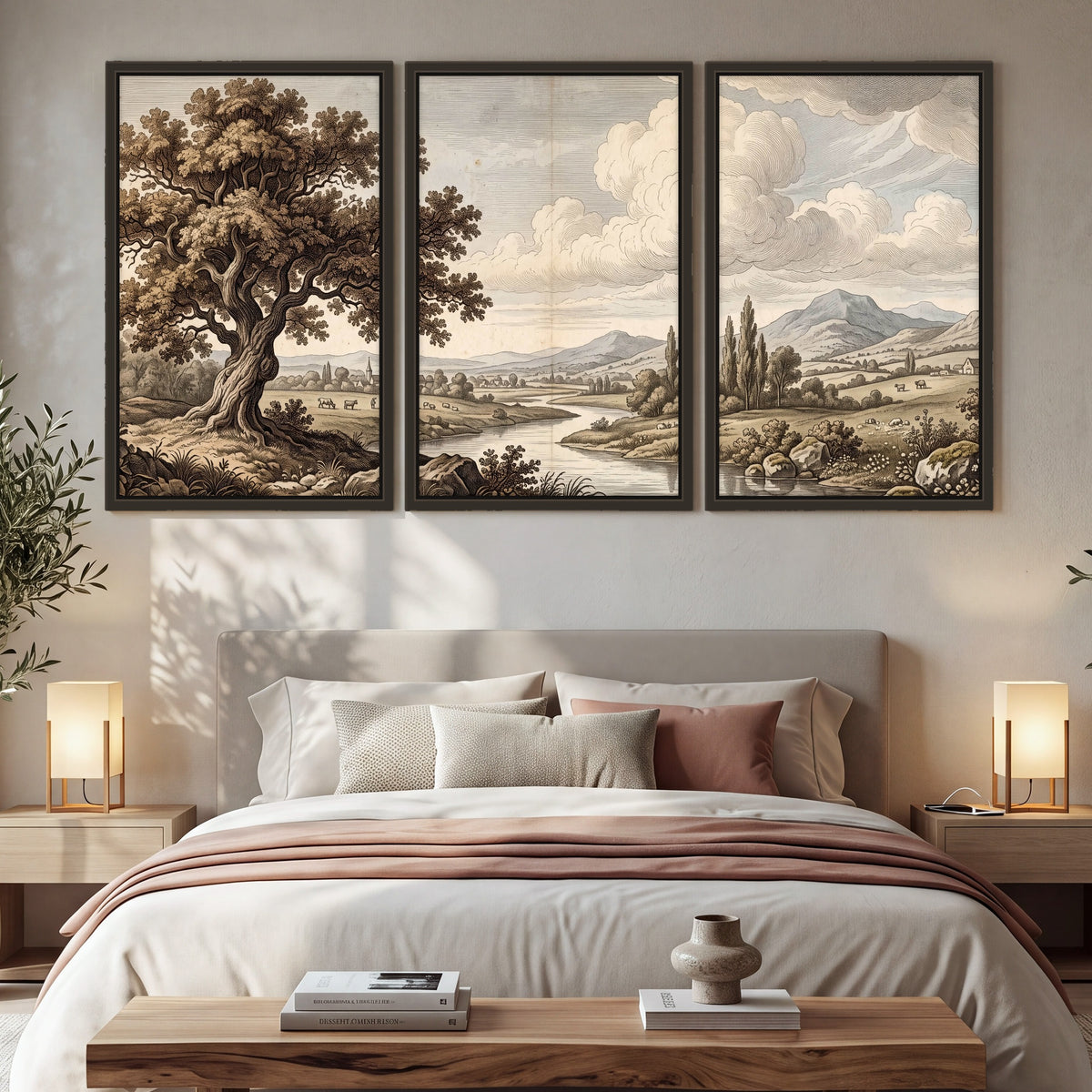 Vintage countryside engraving 3 piece framed canvas in a bedroom above the bed