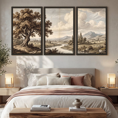 Vintage countryside engraving 3 piece framed canvas in a bedroom above the bed