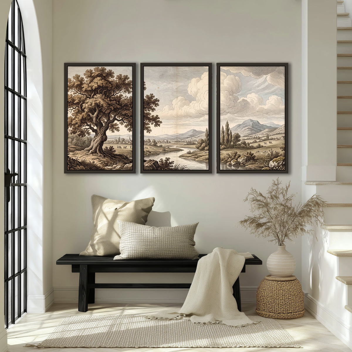 Vintage countryside engraving 3 piece framed canvas in an entryway above a bench