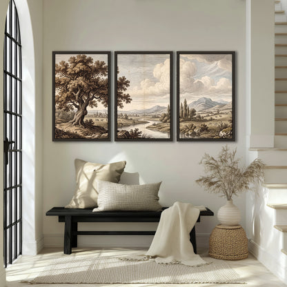 Vintage countryside engraving 3 piece framed canvas in an entryway above a bench