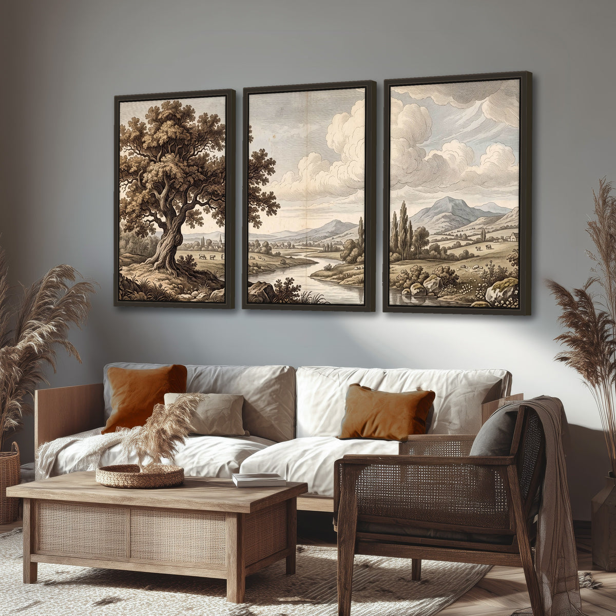 Vintage countryside engraving 3 piece framed canvas in a rustic living room
