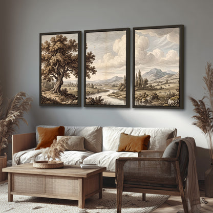 Vintage countryside engraving 3 piece framed canvas in a rustic living room
