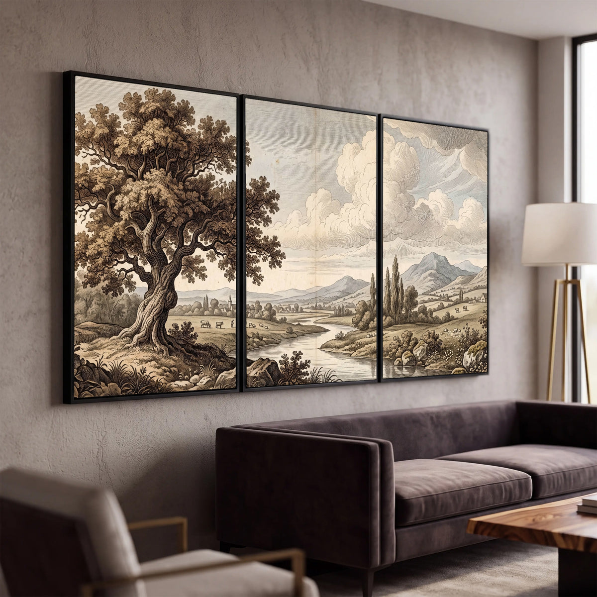 Vintage countryside engraving 3 piece framed canvas in a modern living room