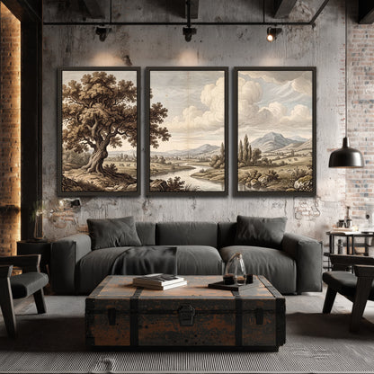 Vintage countryside engraving 3 piece framed canvas in an industrial loft