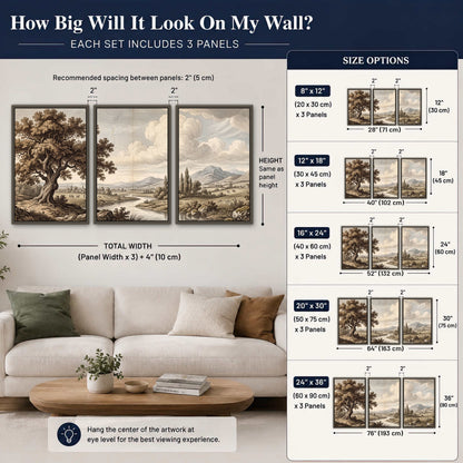 Vintage countryside engraving 3 piece framed canvas size guide above a sofa