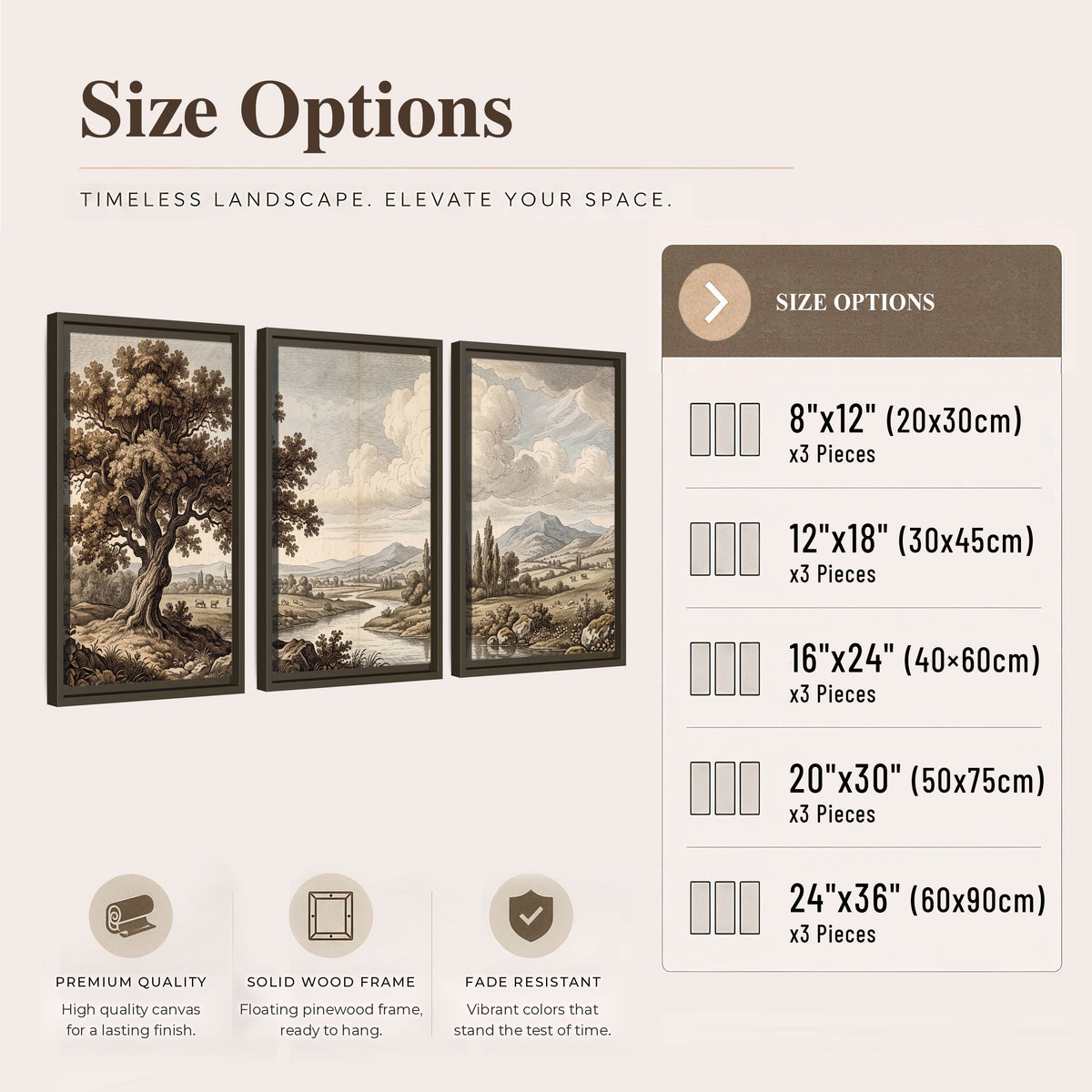Vintage countryside engraving 3 piece framed canvas size options