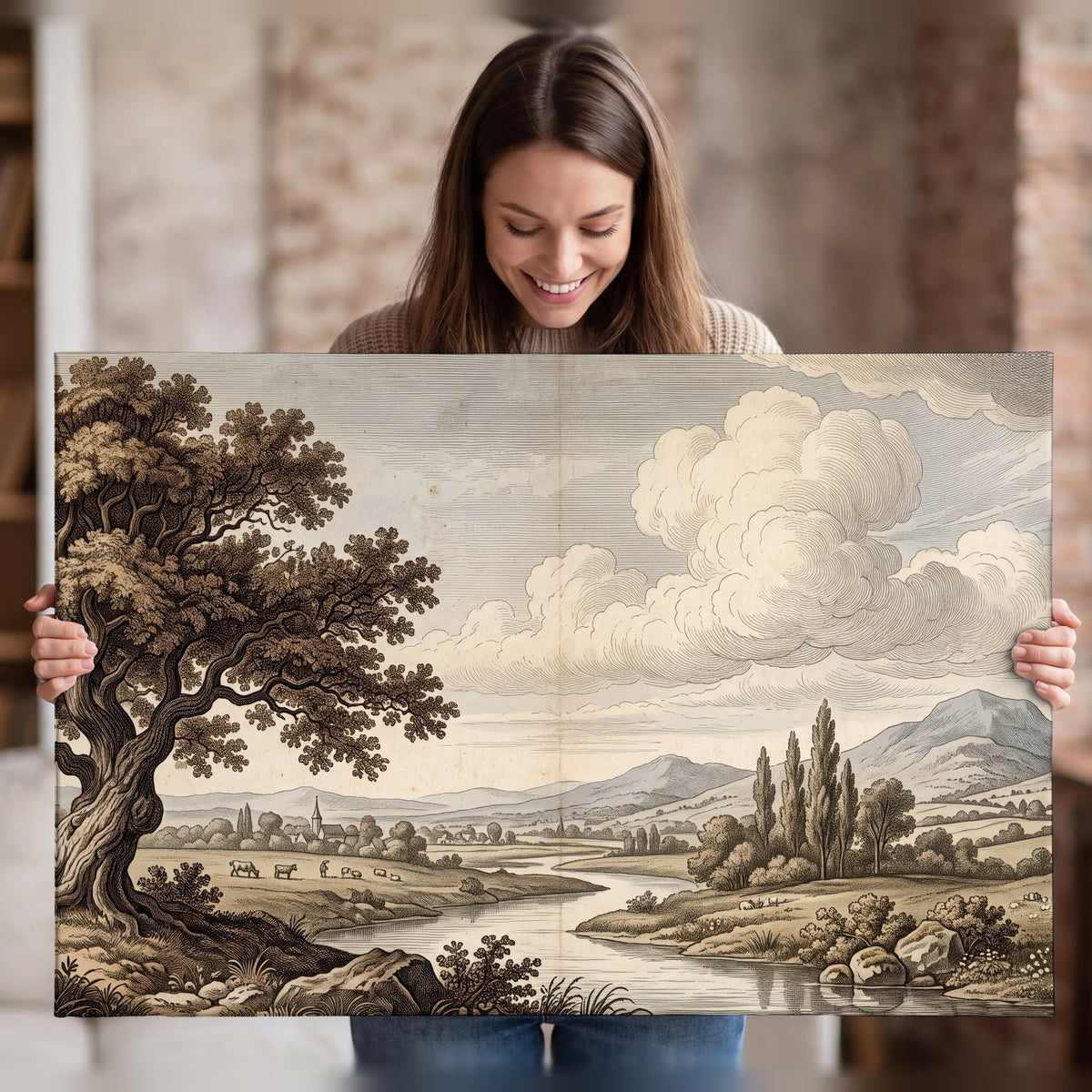 Vintage countryside engraving canvas wall art held in hands