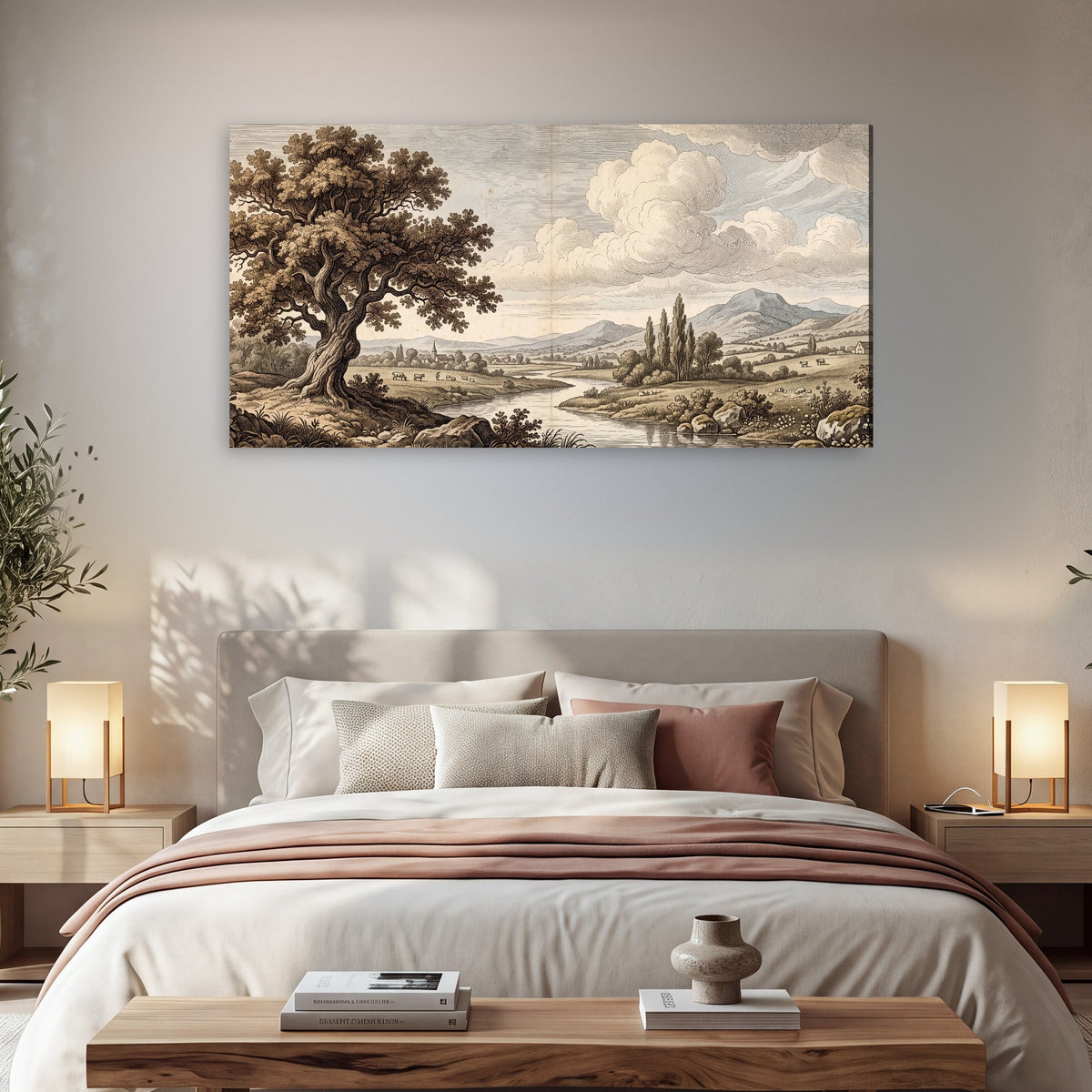 Vintage countryside engraving canvas wall art in a bedroom above the bed