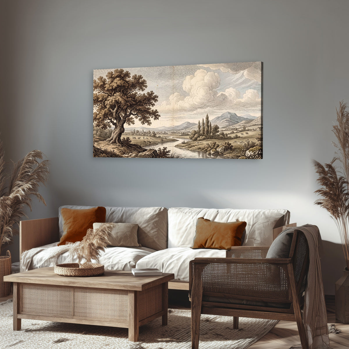 Vintage countryside engraving canvas wall art in a rustic living room