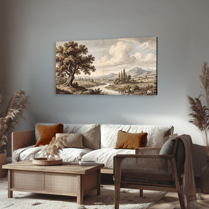 Vintage countryside engraving canvas wall art in a rustic living room