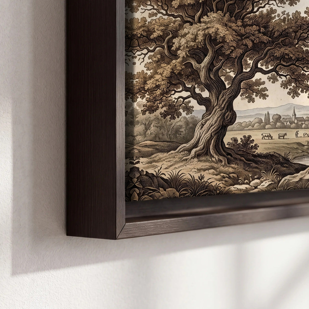 Vintage countryside engraving framed canvas close-up showing the floating frame
